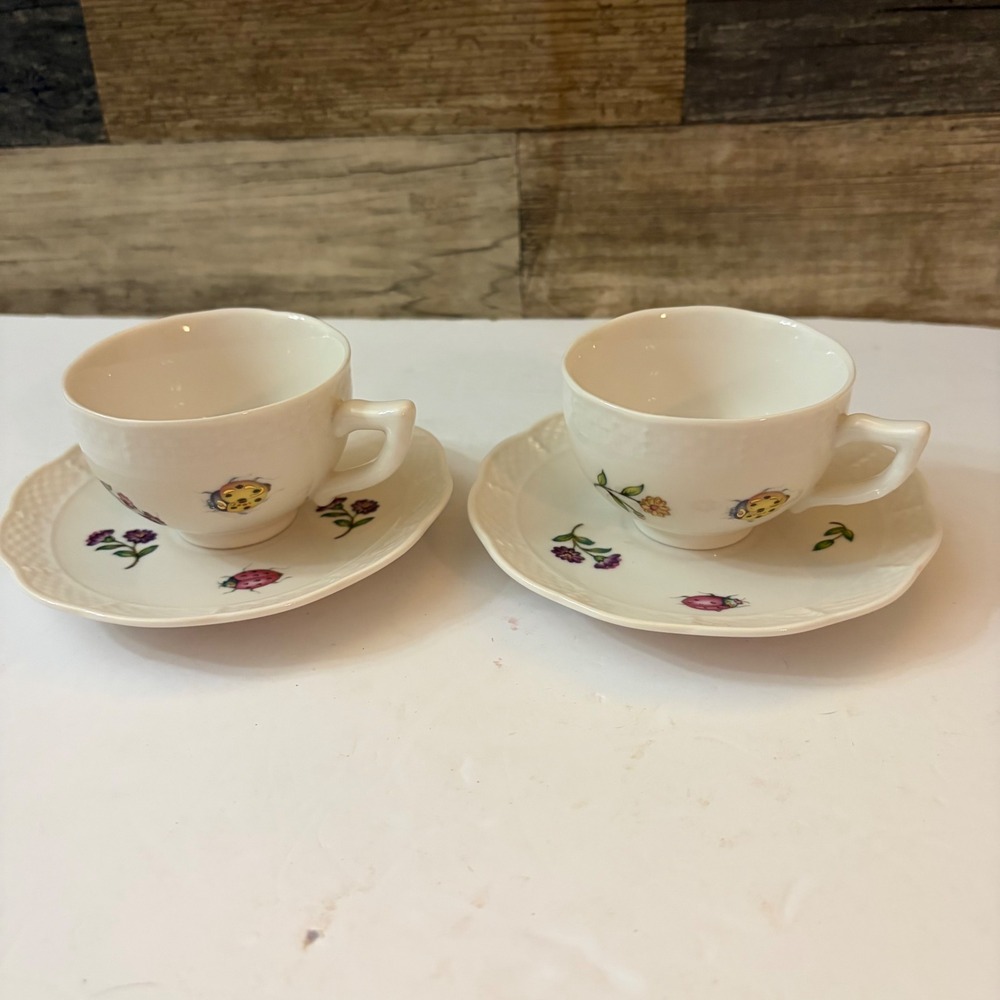 Nantucket Home Ladybug and Floral small Tea Cup & Saucer Set of 2 White Ceramic